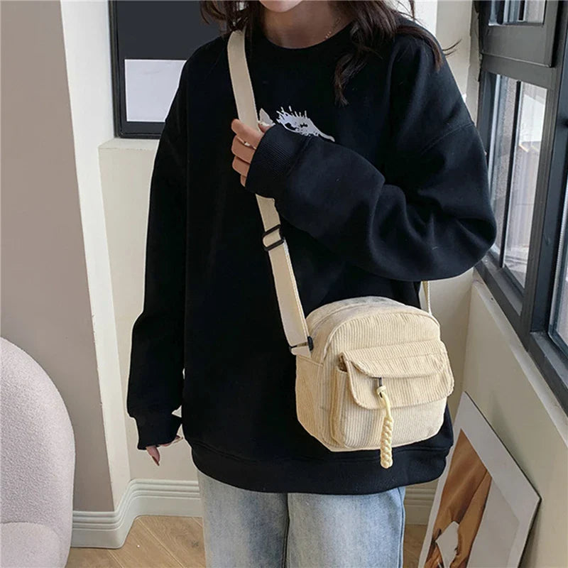 Corduroy Women's Small Shoulder Bag - Cute Crossbody Tote for Teen Girls, Korean Harajuku Style Messenger Bag