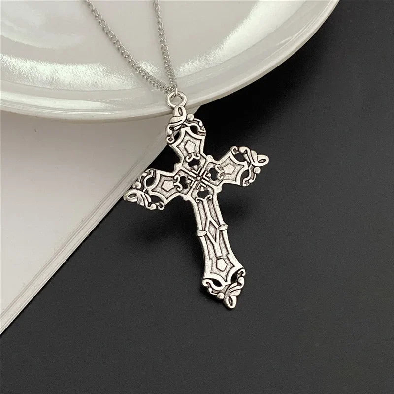 Punk Gothic Big Cross Pendant Necklace – Irregular Clavicle Chain Aesthetic Jewelry for Women & Men
