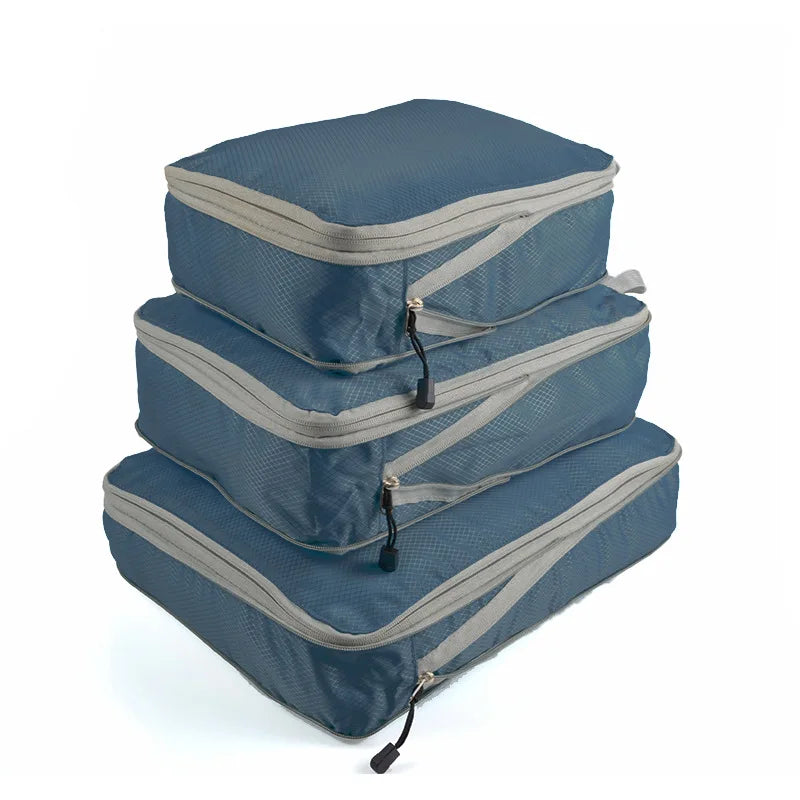 3-Piece Compressible Waterproof Nylon Packing Cubes Set – Portable Travel Storage Bags with Handbag Luggage Organizer
