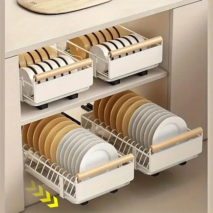 Space-Saving Kitchen Drawer Organizer - Pull-Out Rack for Plates, Bowls & Spices