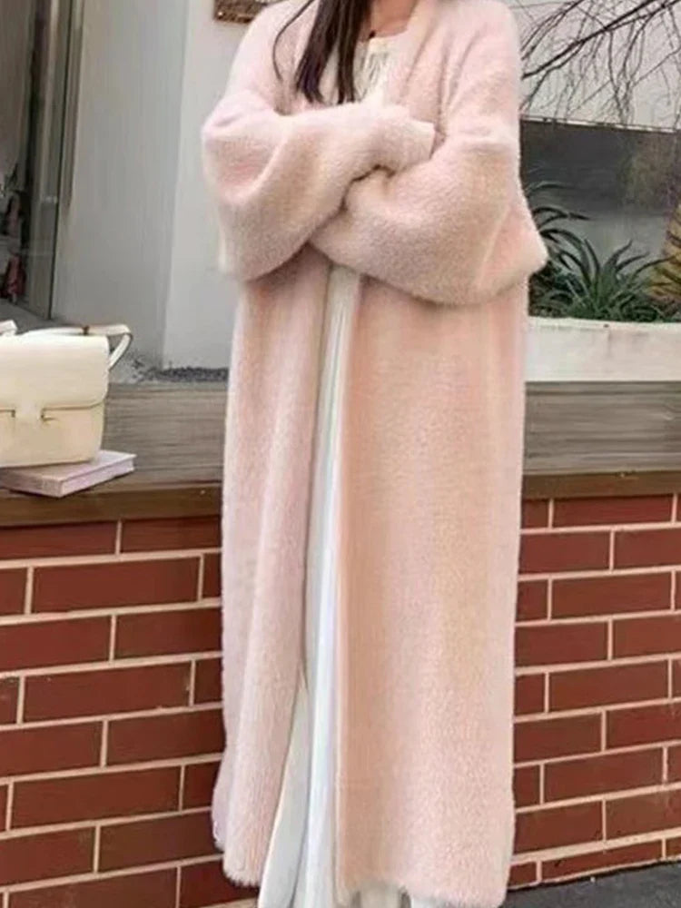 Autumn/Winter Women’s Lazy Style Knee-Length Cardigan – Thickened Imitation Mink Fleece Knitted Sweater, Warm Coat