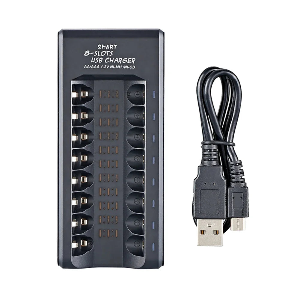 8-Slot Fast USB Rechargeable Battery Charger – AA/AAA NiMH 1.2V with Short Circuit Protection & USB Output