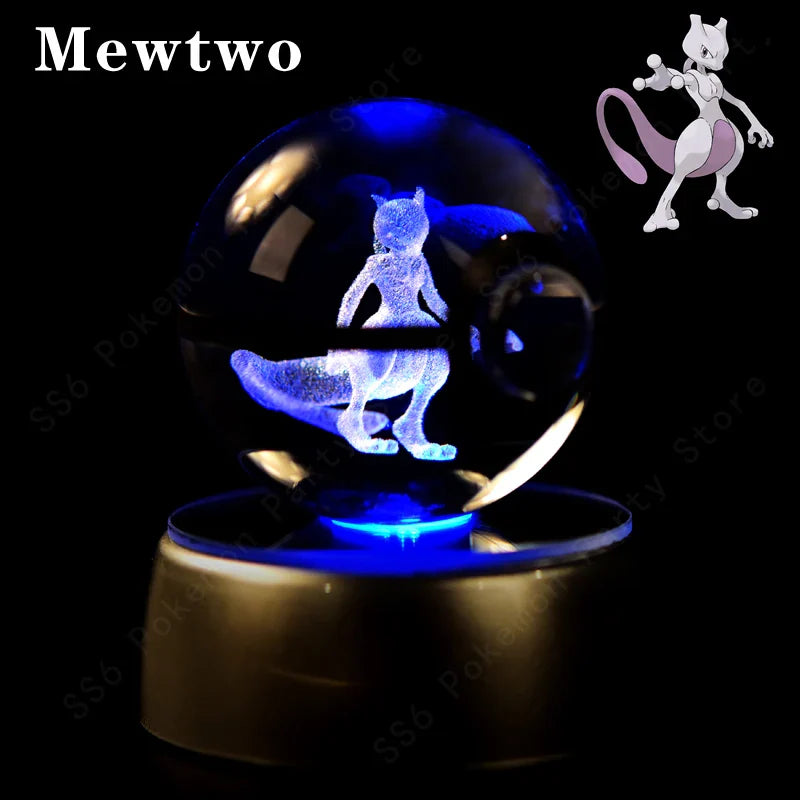 Pokemon Crystal Ball Night Light - 3D Pikachu, Gengar, Mew and Mewtwo Lamp Base, Glass Pokeball Figure, Birthday Gift