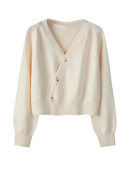 Korean Women's Autumn Winter Knitted Cardigan – Diagonal V-Neck Long Sleeve Single-Breasted Sweater