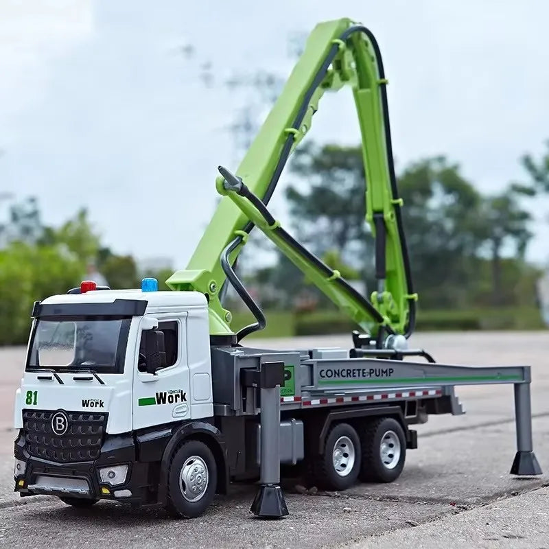 1:24 Electric Flatbed Cement Pump Truck Model — Diecast Alloy Toy with Sound & Light, Doors Open, Gift for Boys