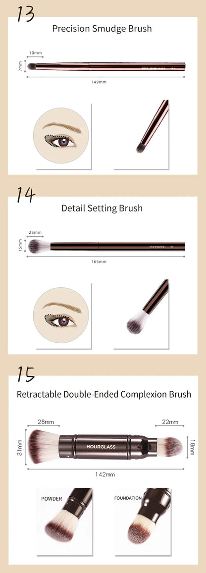 Hourglass Retractable Makeup Brush Set – Professional Eyeshadow, Foundation, Concealer, Powder, Bronzer, Blusher & Eyeliner Brushes