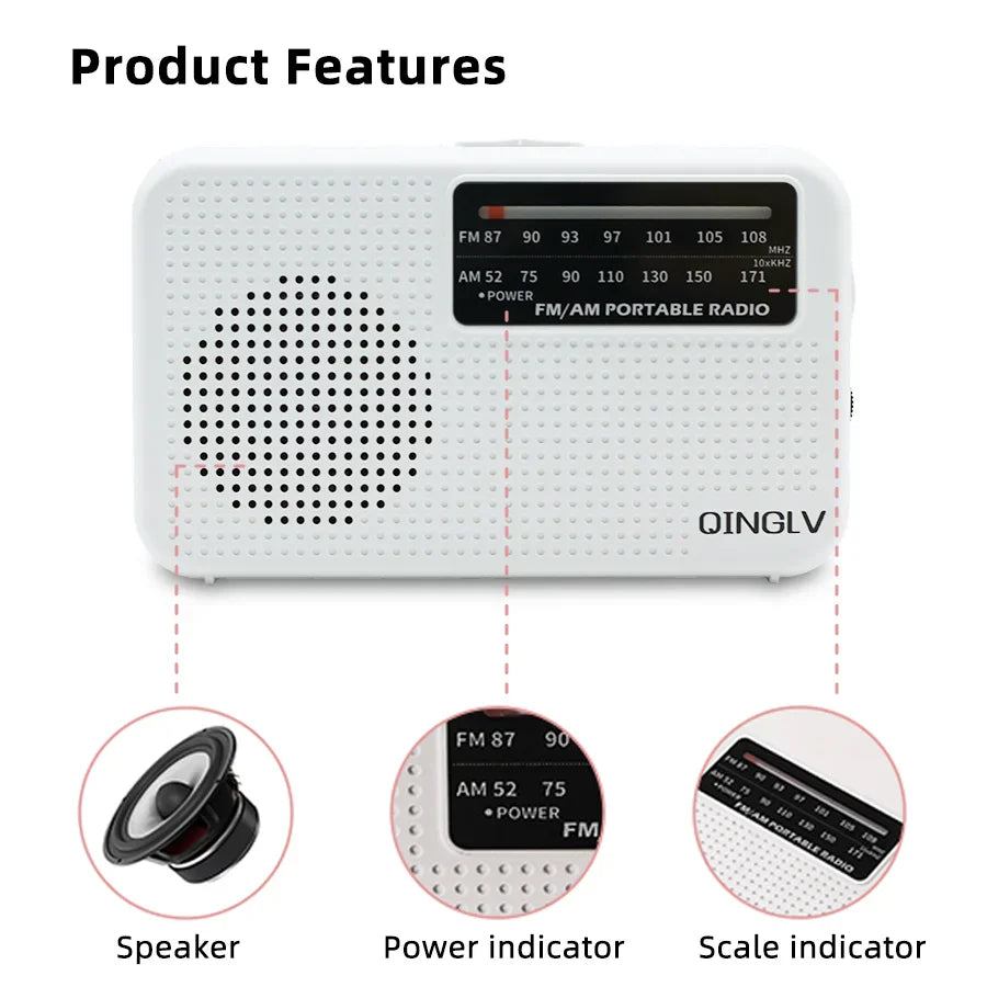 Mini FM/AM Two-Band Radio — 1W Loud Speaker with 3.5mm Headphone Jack & 180° High-Performance Antenna for Home Use