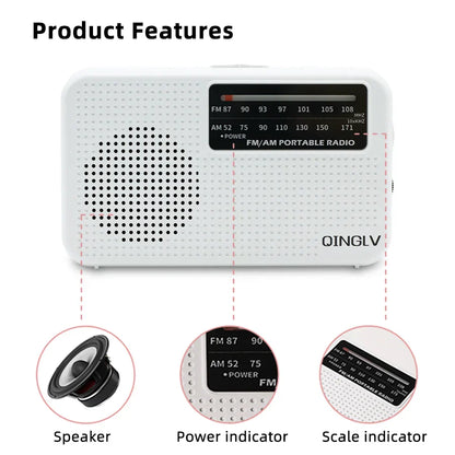 Mini FM/AM Two-Band Radio — 1W Loud Speaker with 3.5mm Headphone Jack & 180° High-Performance Antenna for Home Use