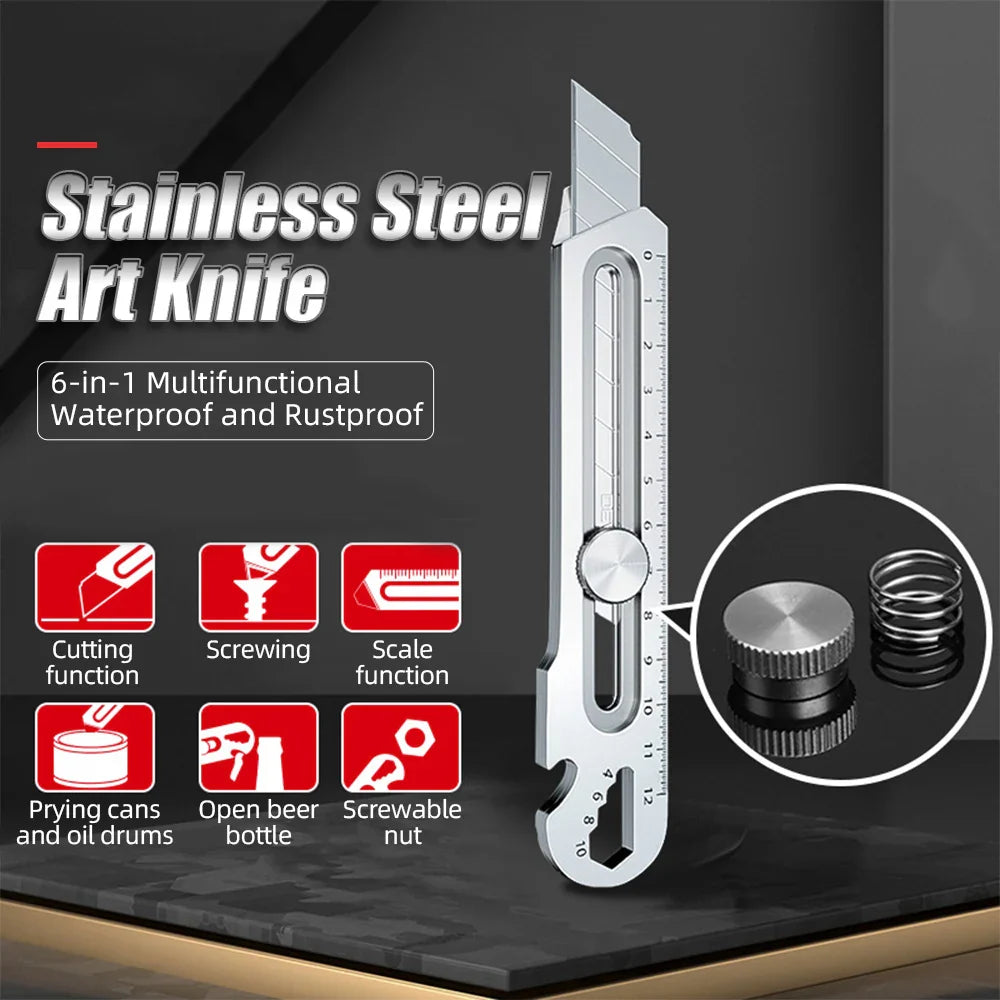 6-in-1 Stainless Steel Utility Knife: Multi-Function Design with Tail Break, Ruler, Bottle Opener, and Retractable Box Cutter - Essential Art Supplies