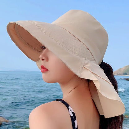 Stylish Women's Summer Sun Hat: Wide Brim UV Neck Protection Bucket Hat - Foldable Panama Cap for Beach, Travel, and Outdoor Adventures
