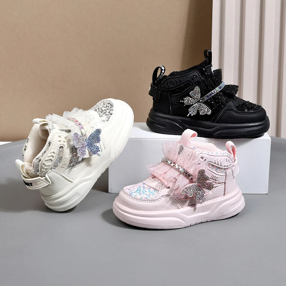 2025 Girls Butterfly Sneakers - Bling Leather Soft Sole Sport Shoes for Toddlers & Kids
