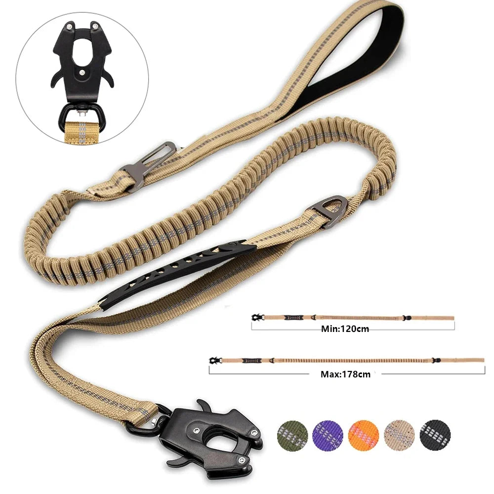 Reflective Shock-Absorbing Dog Leash – Heavy-Duty Tactical Bungee Leash with Car Seatbelt for Large Dogs, No-Pull Pet Leash