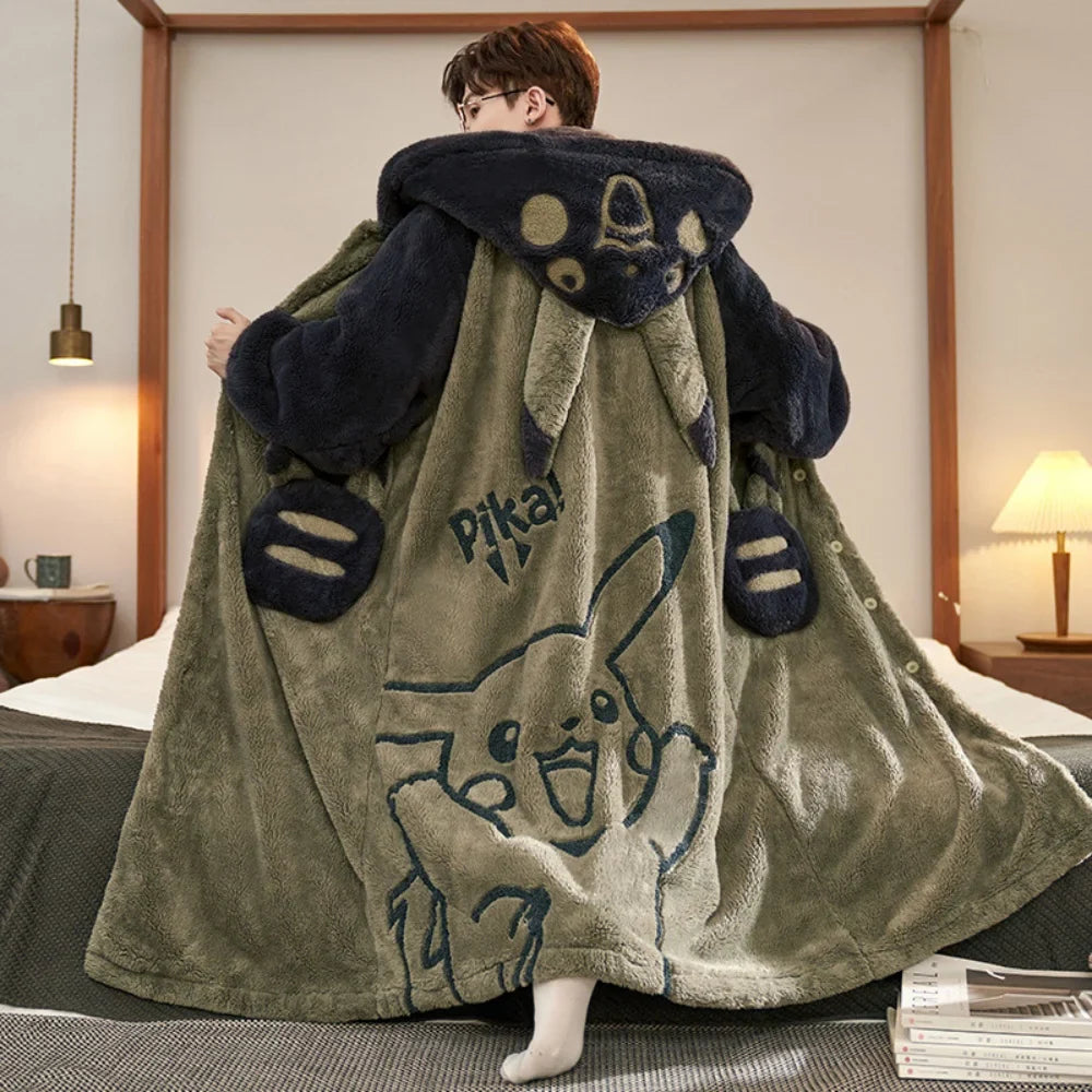 Gengar Pokemon Pajamas Set — Men’s Large Winter Coral Fleece Hooded Nightgown, Thick Warm Anime Home Suit
