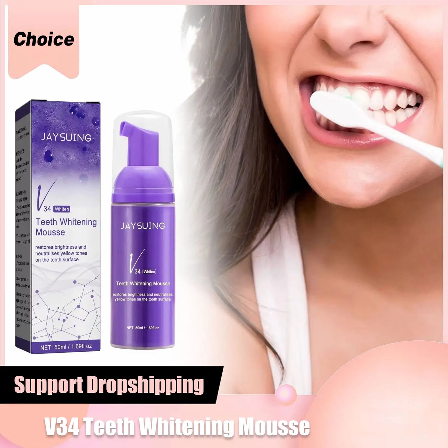 V34 Teeth Whitening Mousse – Color Corrector, Melanin Removal, Stain Cleansing & Tooth Enamel Care Foam Toothpaste