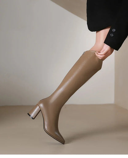 Plus Size 34-43 Women's Knee-High Boots – Zipper Thick High Heels for Autumn & Winter