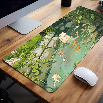 Cute Cartoon Cat Fish Mouse Pad – Large Green Anti-Slip Rubber Desk Mat, Perfect Gift for Women & Girlfriend