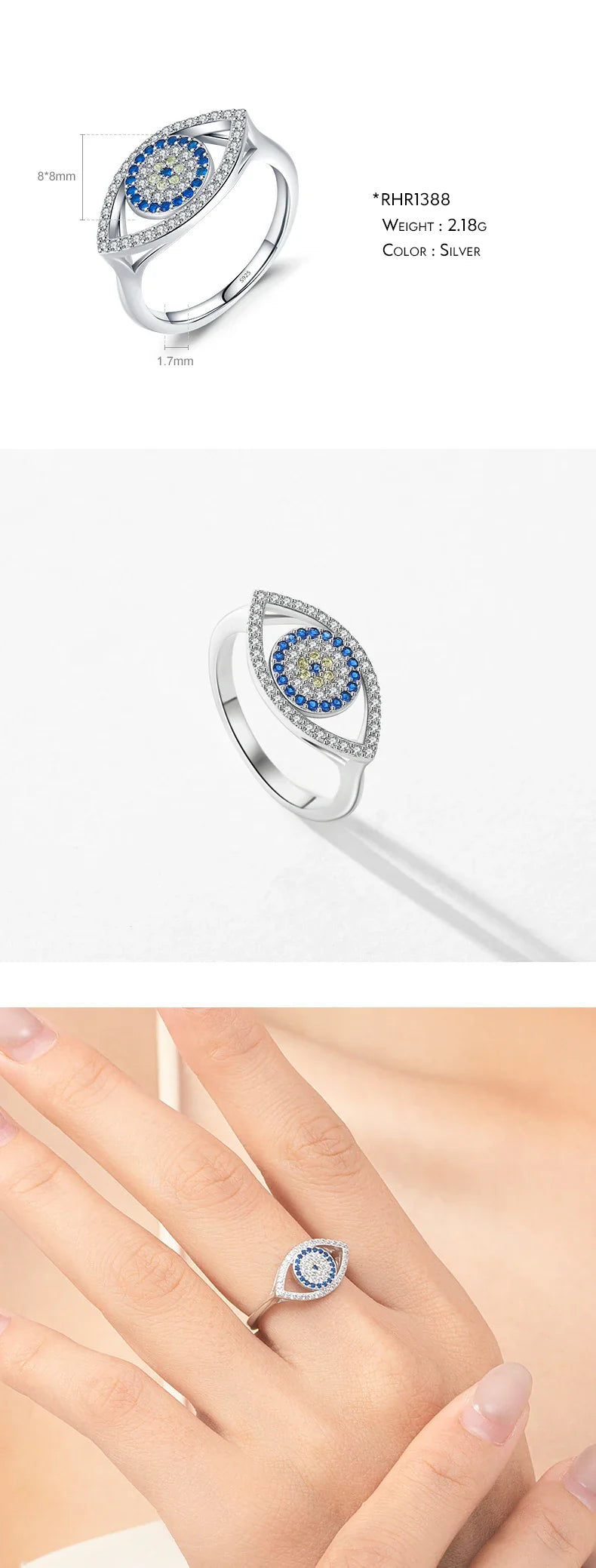 MODIAN 925 Sterling Silver Blue Ghost Eyes Ring — Sparkling Cubic Zirconia for Women