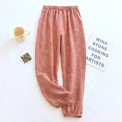 2025 Spring Summer Women's Pajama Pants – 100% Cotton Crepe Loose Fit Leaf Print Home Wear Bottoms