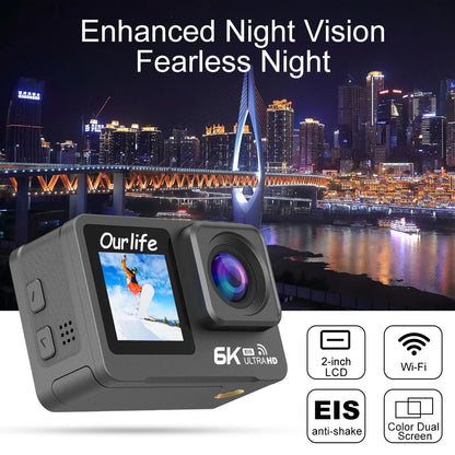 6K 4K60FPS Action Camera – 50MP Dual Screen, 2.0" Touch LCD, EIS, WiFi, 170° Lens, 30M Waterproof, 5X Zoom with Remote