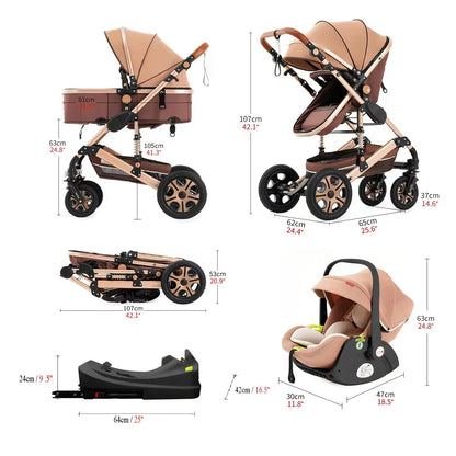 3-in-1 Baby Stroller Travel System – Foldable Newborn Pram with Isofix Base & Reversible Carriage