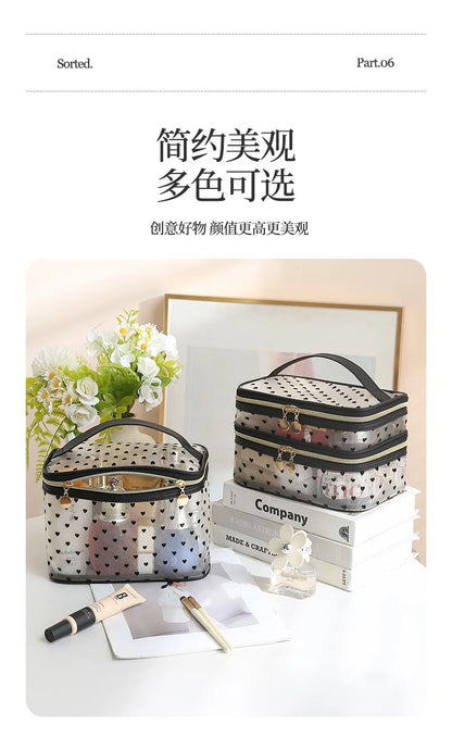 Double-Layer Black Mesh Cosmetic Bag – Large Capacity Travel Makeup Case Organizer with Zipper Toiletry Pouch