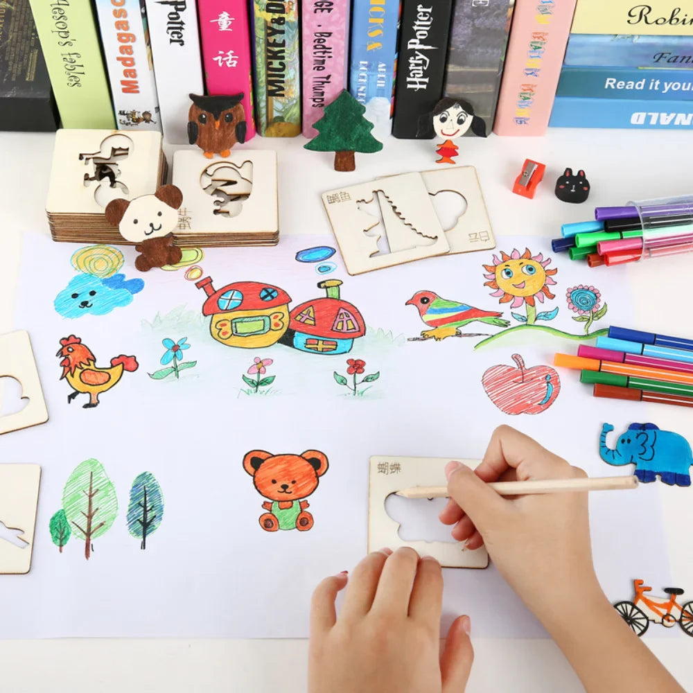 20pcs Montessori Wooden Drawing Toys – DIY Painting Template Stencils, Educational Learning Gift for Children