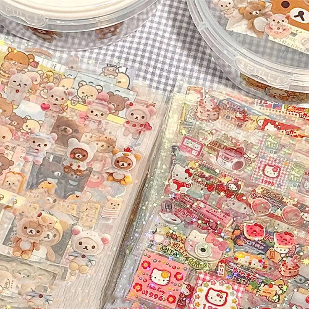 5pcs Hello Kitty Rilakkuma Cartoon Die-Cut Stickers, Cute Kitty Cat Flashing Laser Stickers, Anime Handbooks Material Stickers