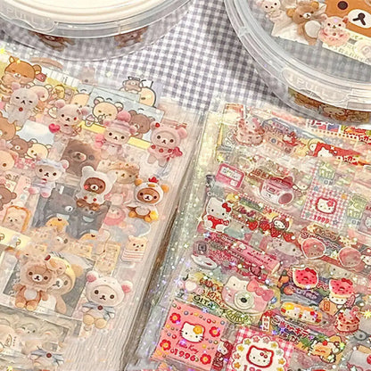 5pcs Hello Kitty Rilakkuma Cartoon Die-Cut Stickers, Cute Kitty Cat Flashing Laser Stickers, Anime Handbooks Material Stickers