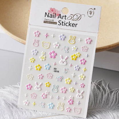 5D Macaron Nail Stickers - Embossed Flower, Fruit, Bear & Rabbit Charms for Summer DIY Manicure Decoration