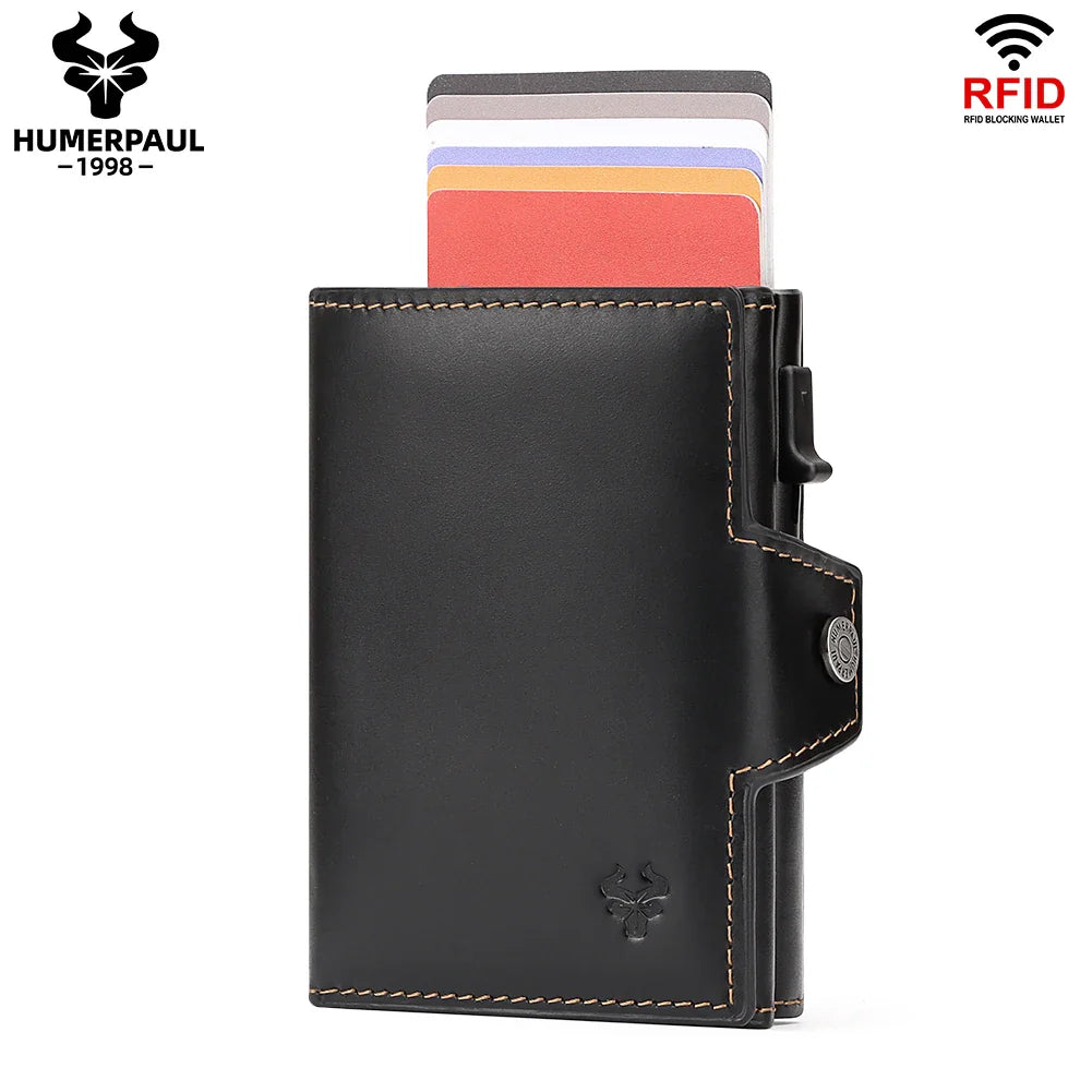 HUMERPAUL Men’s Pop-Up Card Holder – Crazy Horse Leather RFID Blocking Slim Wallet with Money Pocket & Metal Bank Card Case