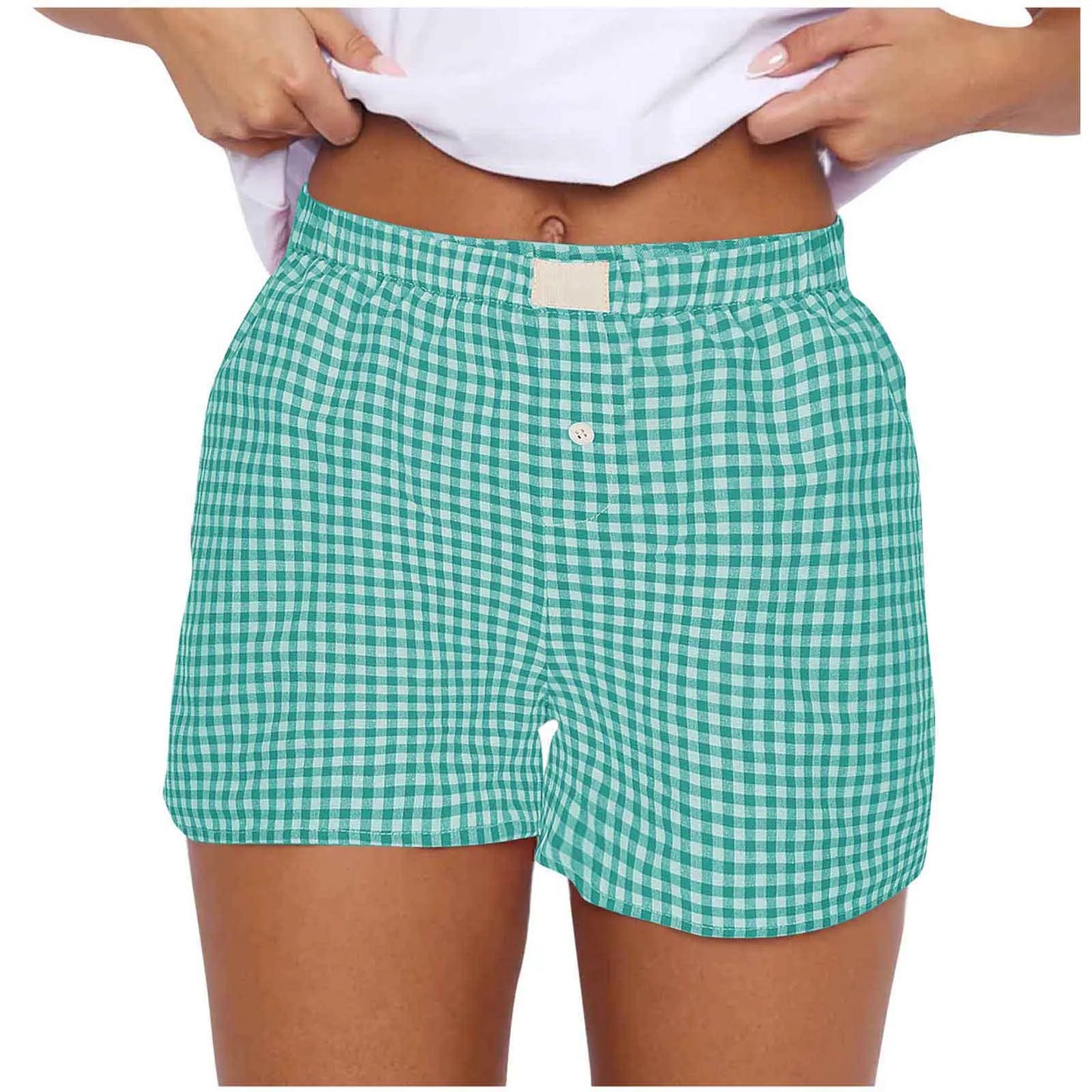 Women’s Teen Girls Elastic Waist Pull-On Red & Blue Plaid Casual Lounge Summer Shorts