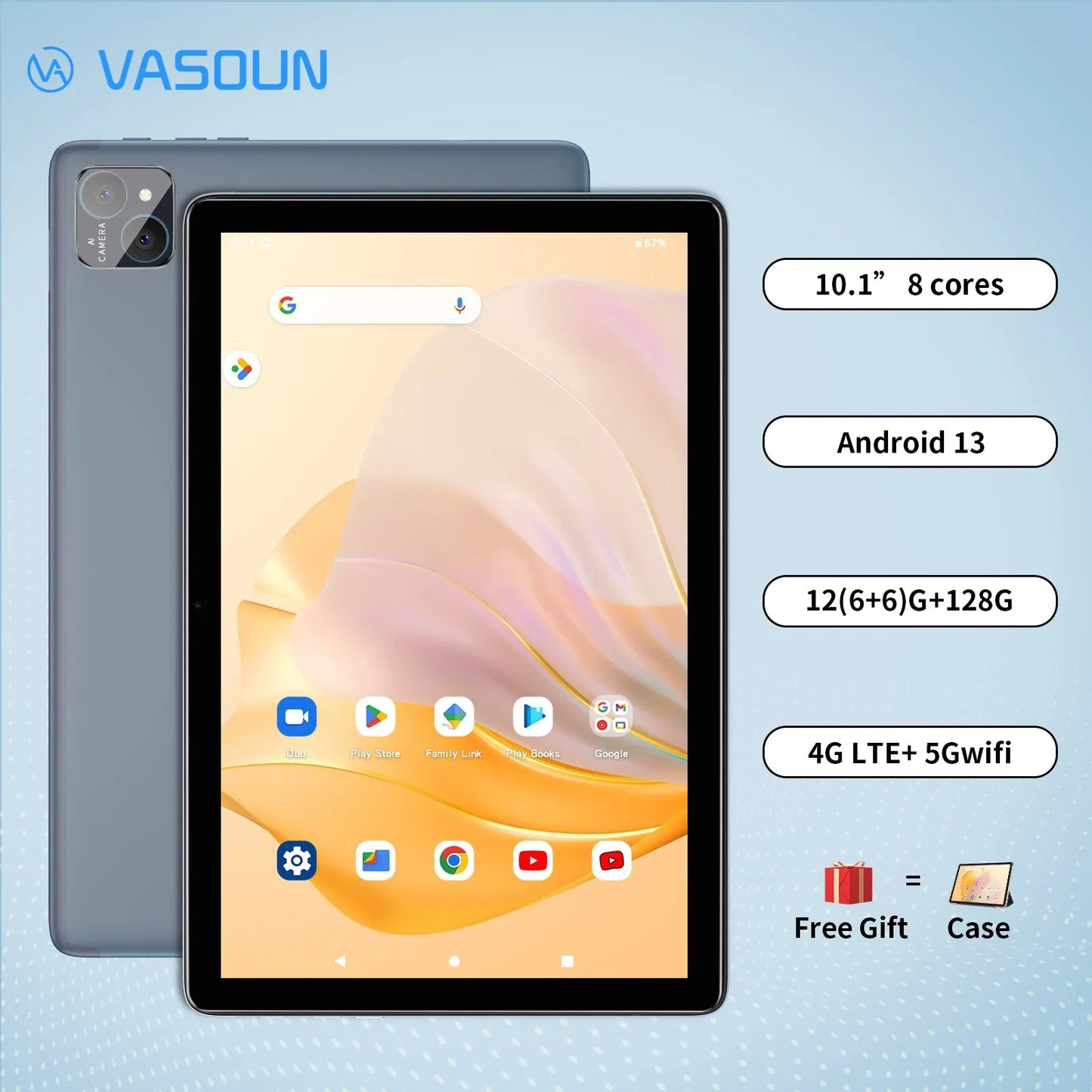 VASOUN Android 14 Tablet 10.1" — 12GB RAM, 128GB ROM, Octa-Core, Dual SIM 4G, WiFi 2.4G/5G, GPS