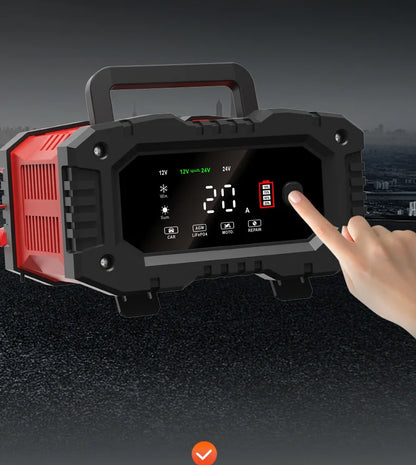 12V/24V Fully Automatic Smart Battery Charger — 7-Segment Pulse Repair for AGM, GEL, WET Lead-Acid Car Batteries