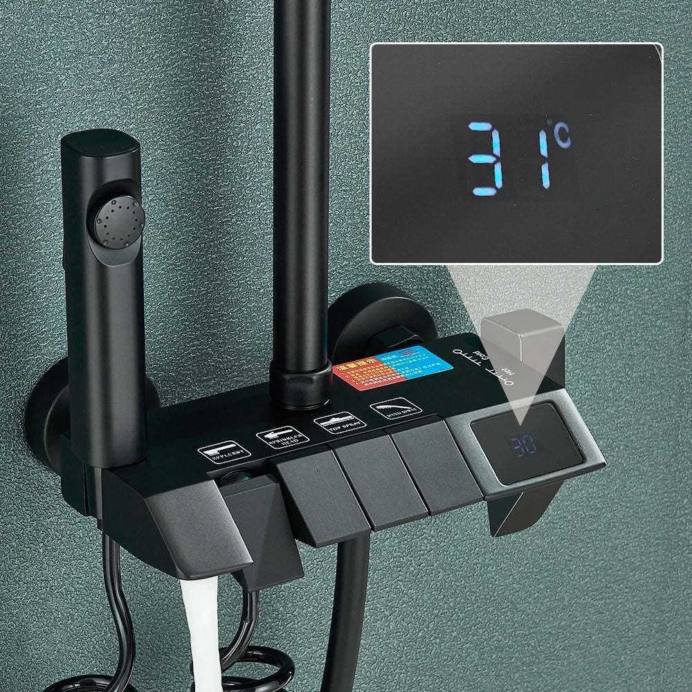 Rozin Black Smart Digital Display Shower Faucet Set - Piano Style Rainfall Bathroom System with Grey Digital Mixer Tap & Bidet Shower