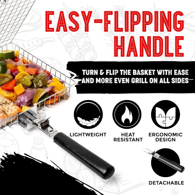 Large Stainless Steel Grill Basket – Folding BBQ Rack for Fish, Portable Outdoor Camping & Cooking Accessories