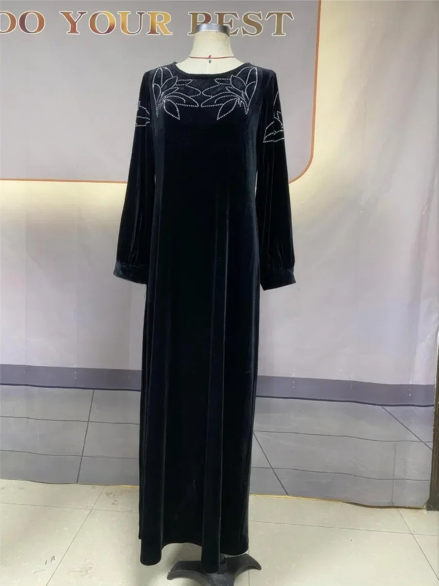Women’s Eid Ramadan Velvet Abaya Dress 2026 – Diamond Embellished Dubai Jalabiya with Belt Muslim Party Gown