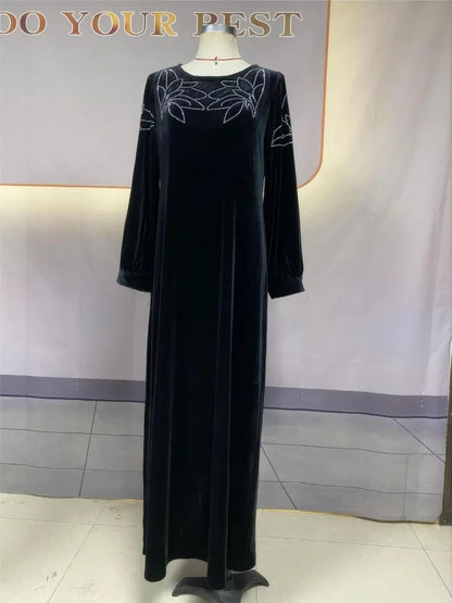 Women’s Eid Ramadan Velvet Abaya Dress 2026 – Diamond Embellished Dubai Jalabiya with Belt Muslim Party Gown