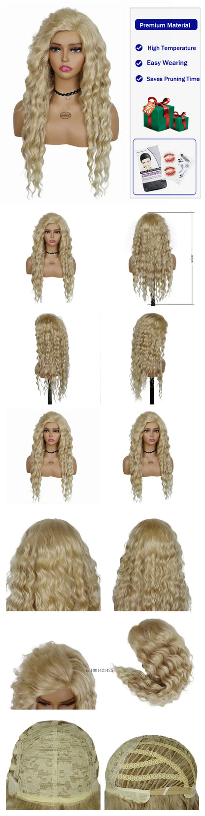 Ash Blonde Synthetic Wig – 26" Long Curly Ombre Hair, Fluffy Wave Wig for Women, Costume & Party Wig