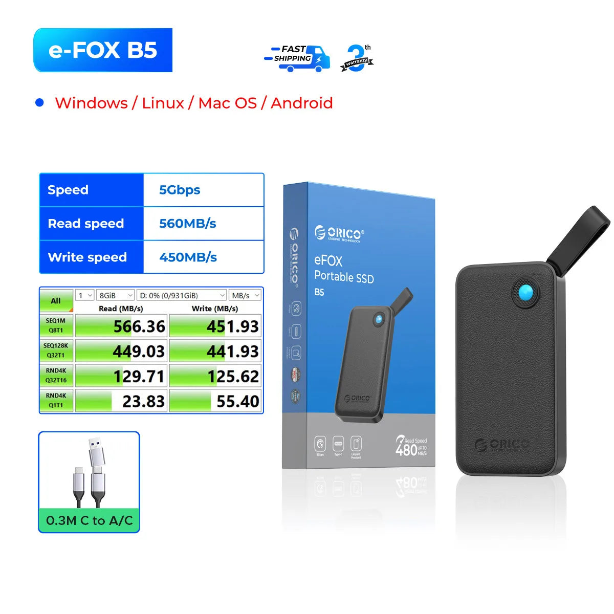 ORICO Portable USB 3.2 Gen2 External SSD for iPhone 15/Pro, Windows & Mac – Ultra Fast Lightweight Solid State Drive