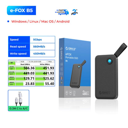 ORICO Portable USB 3.2 Gen2 External SSD for iPhone 15/Pro, Windows & Mac – Ultra Fast Lightweight Solid State Drive