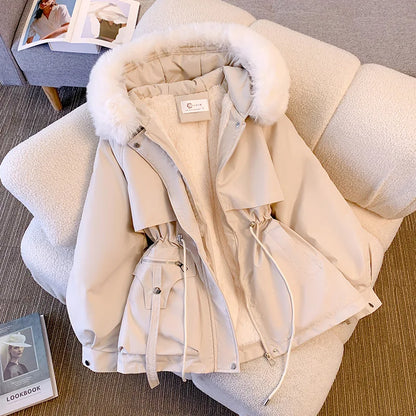 Fleece-Lined Hooded Down Jacket for Women – Warm Padded Parka, Casual Korean Streetwear Winter Coat