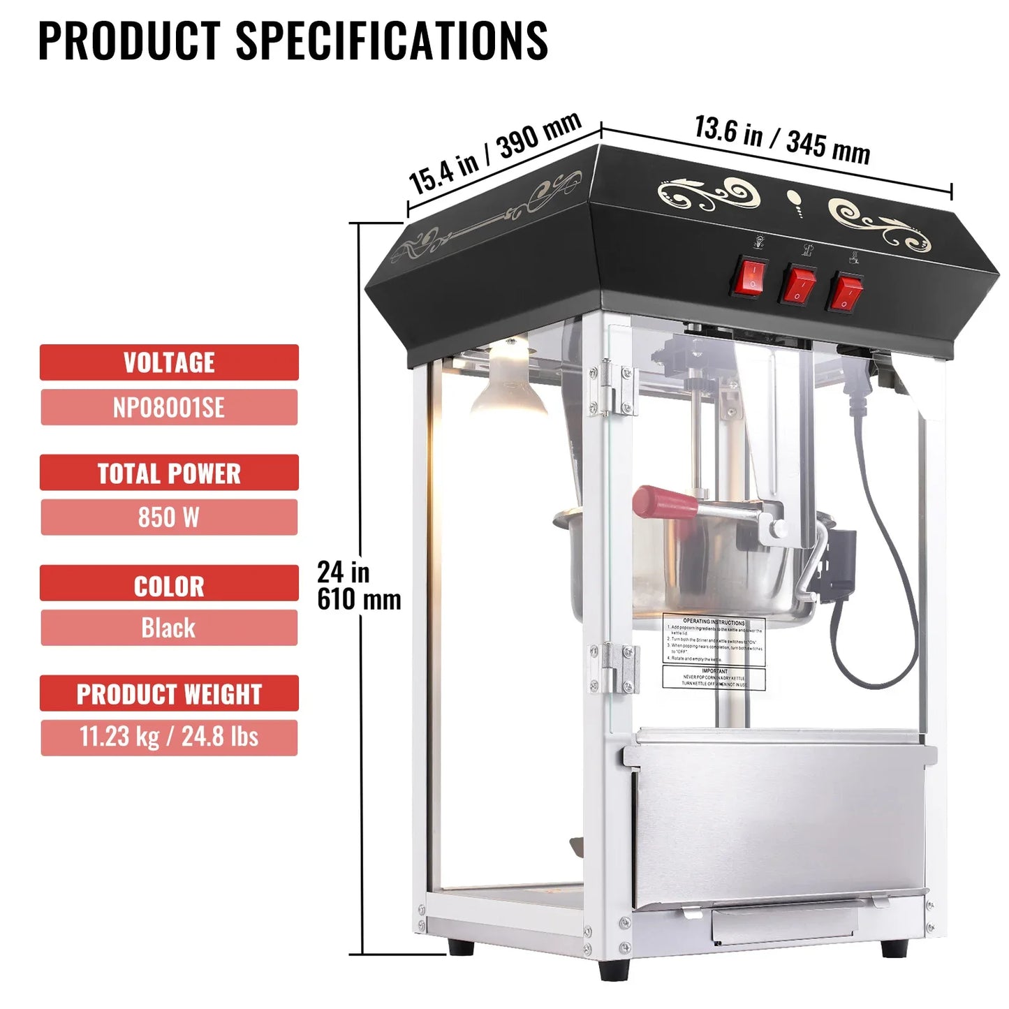 SucceBuy Commercial Popcorn Maker Machine — 850W Countertop Popper with 8oz Kettle, Makes 48 Cups