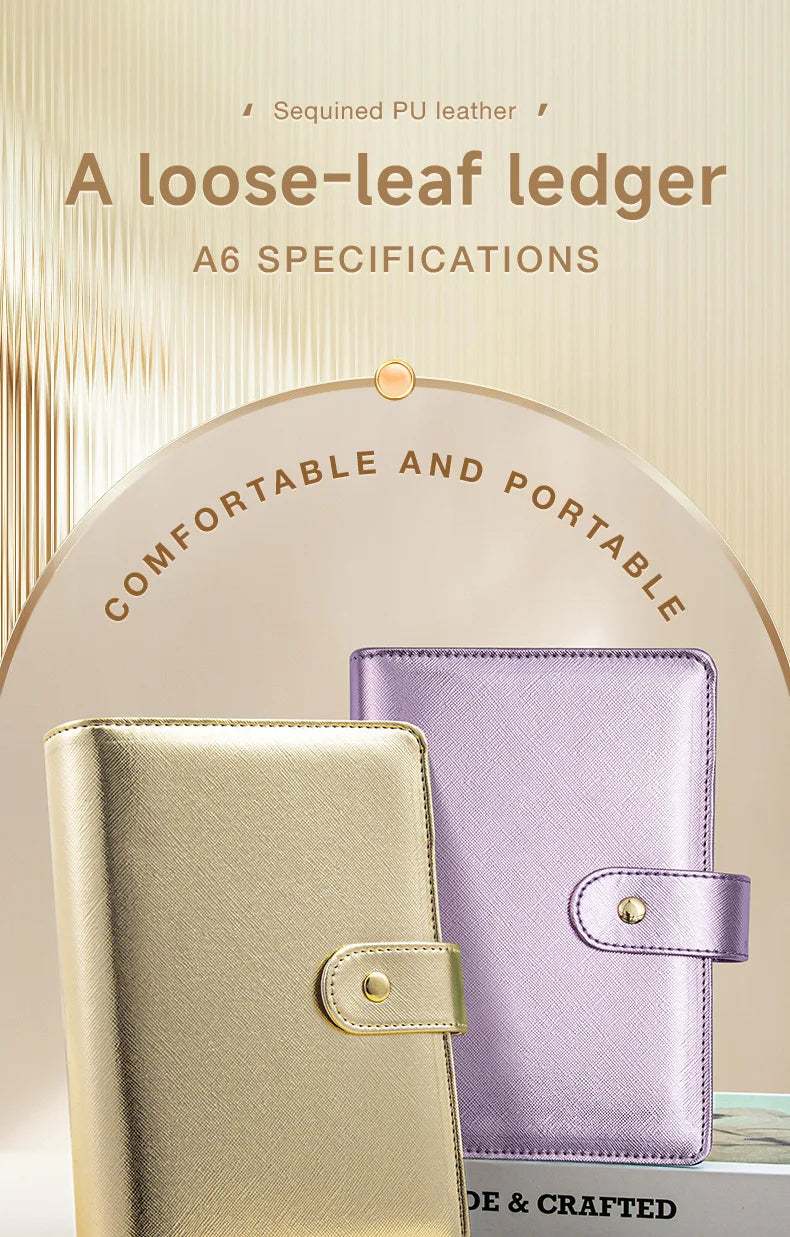 A6 Gold Ring Budget Planner Binder – Gold, Purple & Black with Zipper Cash Envelopes for Money Organization