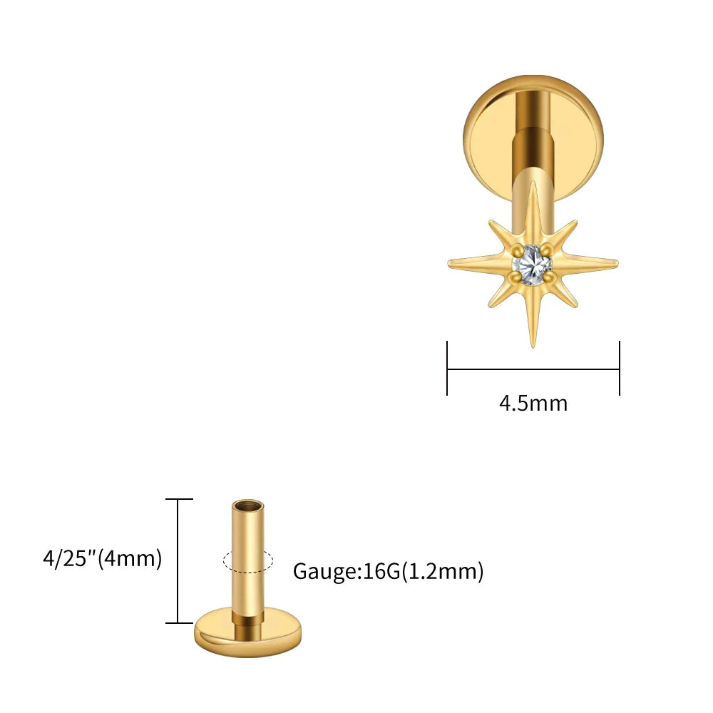 Right Grand ASTM F136 Titanium CZ North Star 16G Flat Back Earring – Tiny Starburst Helix, Cartilage & Earlobe Stud Piercing Jewelry