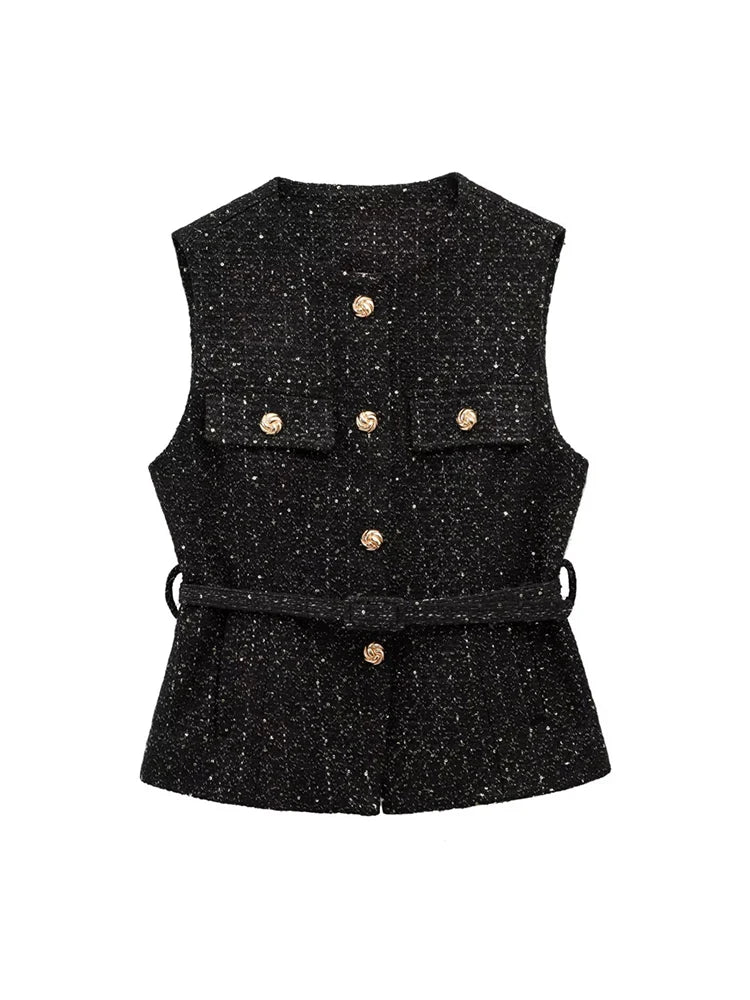TRZA Women’s Tweed Waistcoat — Sleeveless O-Neck Top with Belt & Front Buttons, Chic Fashion Outerwear