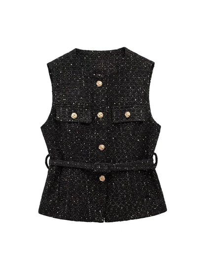 TRZA Women’s Tweed Waistcoat — Sleeveless O-Neck Top with Belt & Front Buttons, Chic Fashion Outerwear