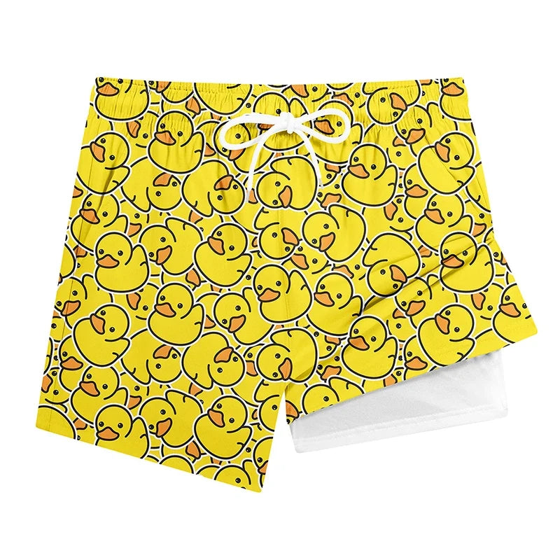 Men's Funny Duck Print Swim Shorts - Quick-Dry 2-in-1 Beach Board Shorts with Phone Pocket
