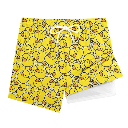 Men's Funny Duck Print Swim Shorts - Quick-Dry 2-in-1 Beach Board Shorts with Phone Pocket