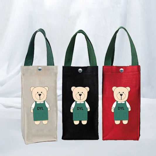 Cute Bear Portable Water Bottle Bag – Insulated Cup Cover Holder, Canvas Hand Carry Storage Bag for Camping & Travel Bottles