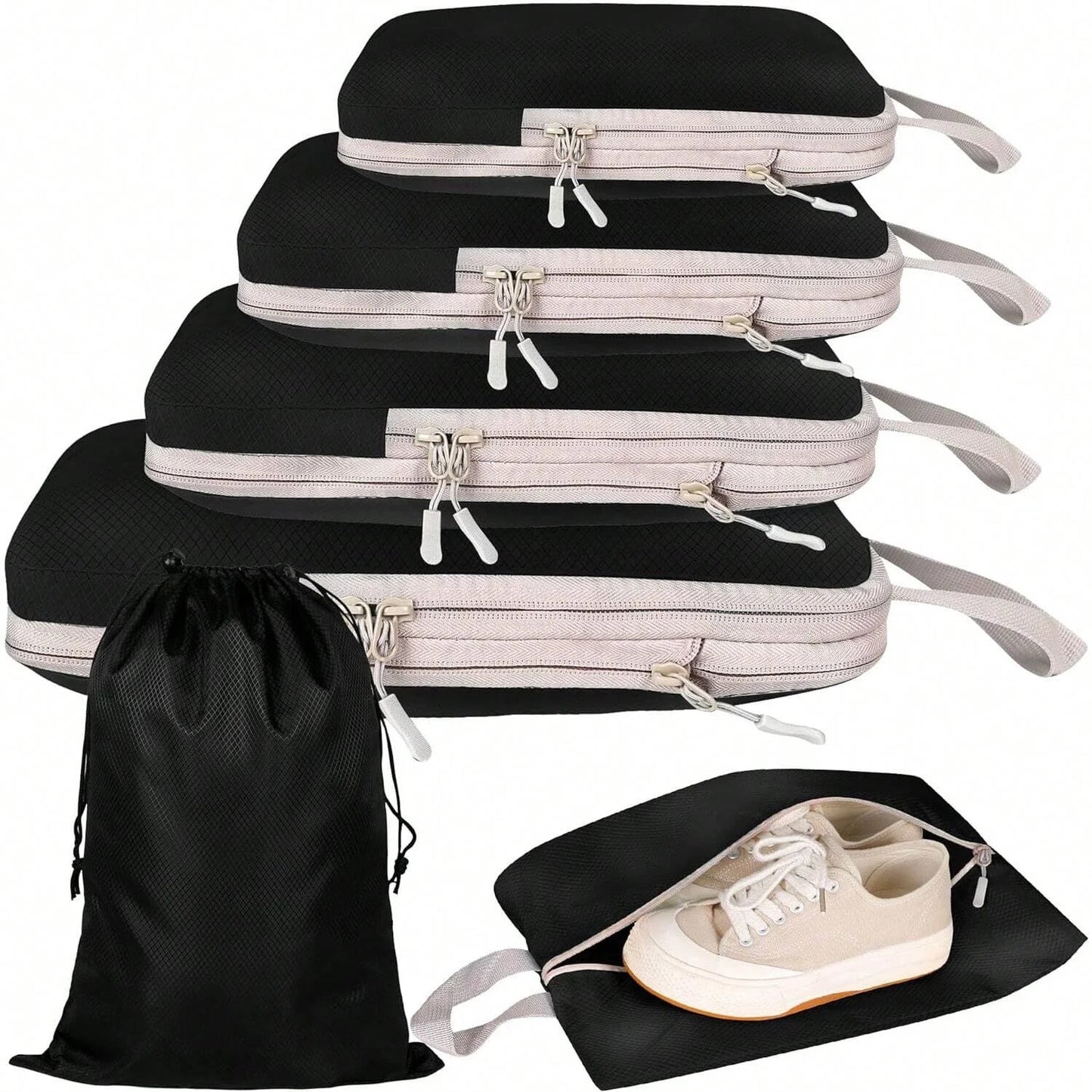 6-Piece Compressible Waterproof Nylon Packing Cubes Set – Portable Travel Storage Bags with Handbag Luggage Organizer